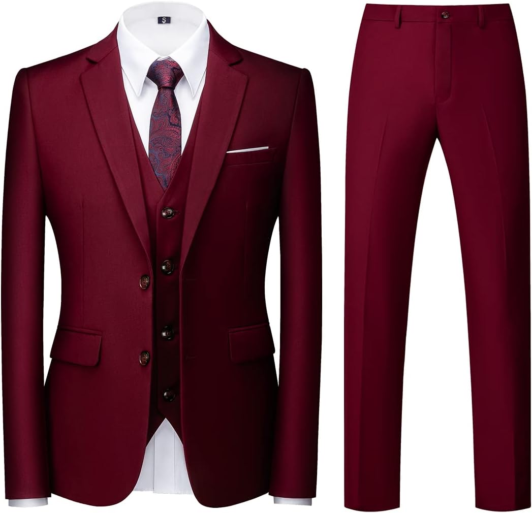 KUDORO Men Suits 3 Piece Slim Fit Single Breasted Two Buttons Wedding Business Tuxedo Suit Blazer Waistcoat Trousers
