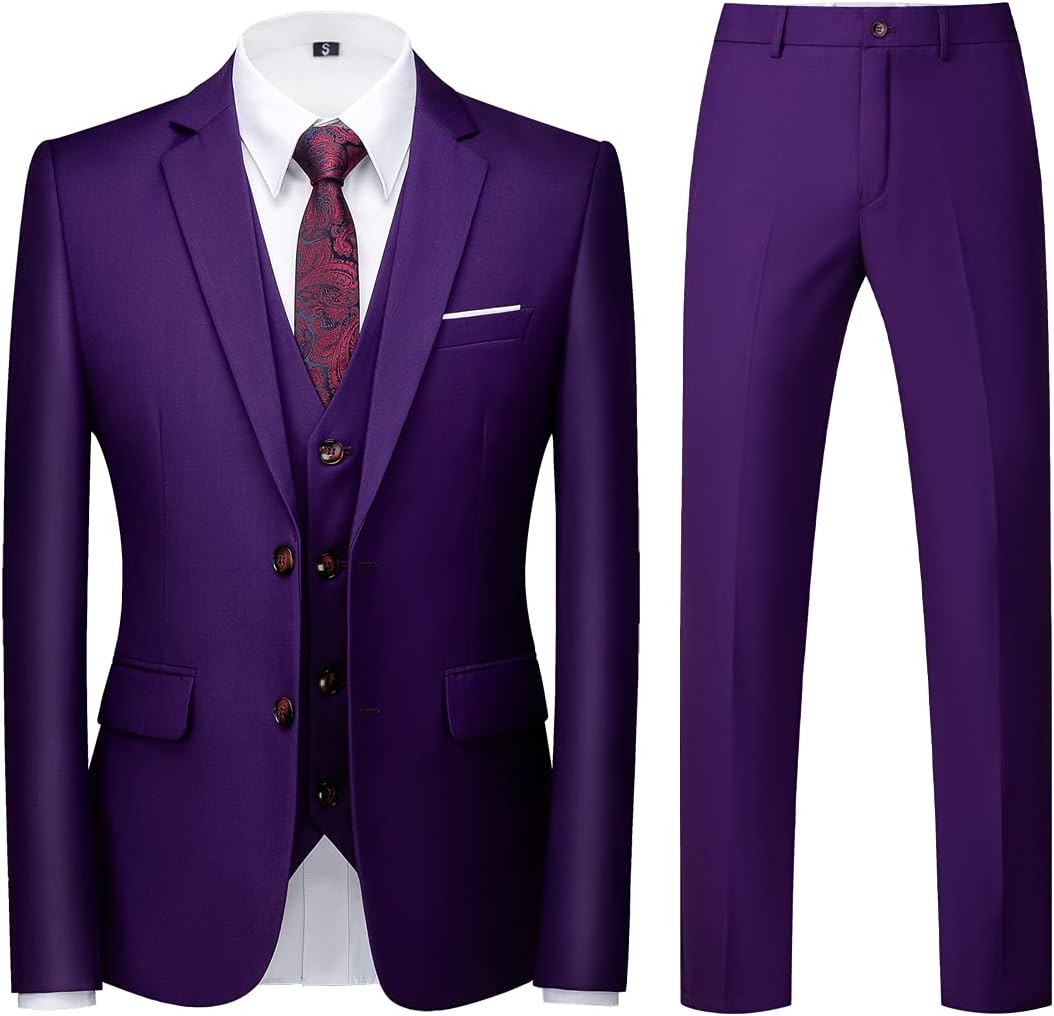 KUDORO Men Suits 3 Piece Slim Fit Single Breasted Two Buttons Wedding Business Tuxedo Suit Blazer Waistcoat Trousers