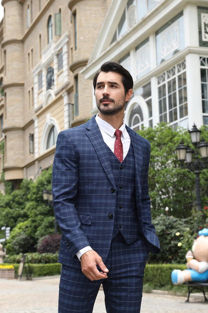 Allthemen Mens Suits 3 Piece Slim Fit Checked Suit Single Breasted Herringbone Vintage Tuxedo Formal Business Blazer Waistcoat Trouser