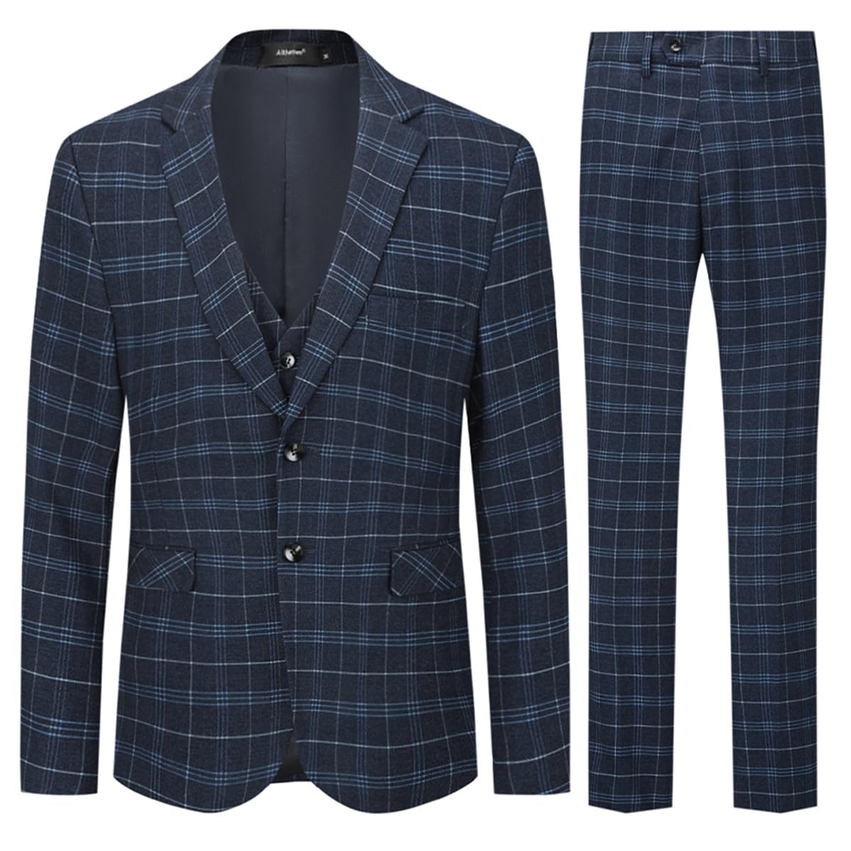 Allthemen Mens Suits 3 Piece Slim Fit Checked Suit Single Breasted Herringbone Vintage Tuxedo Formal Business Blazer Waistcoat Trouser