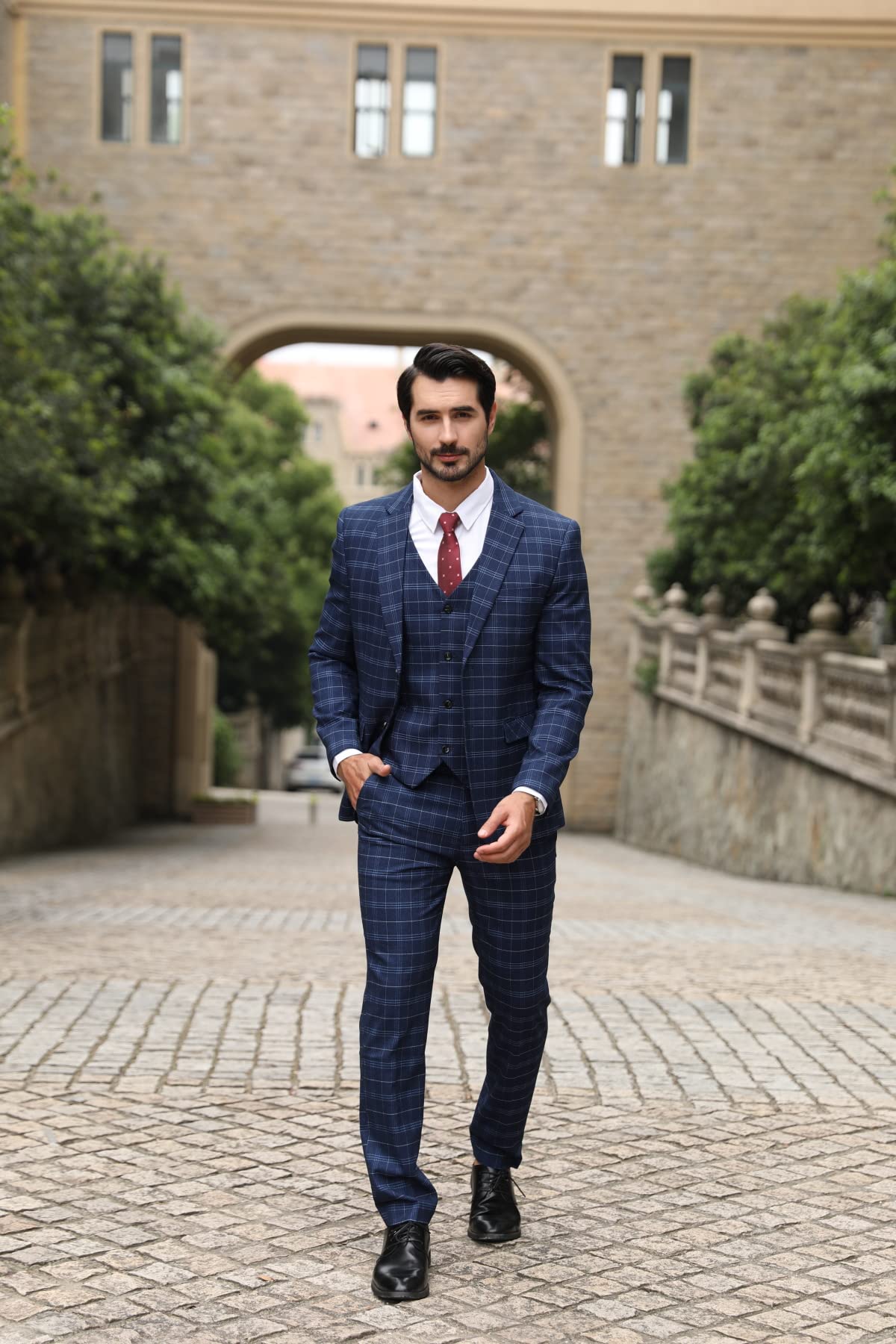 Allthemen Mens Suits 3 Piece Slim Fit Checked Suit Single Breasted Herringbone Vintage Tuxedo Formal Business Blazer Waistcoat Trouser