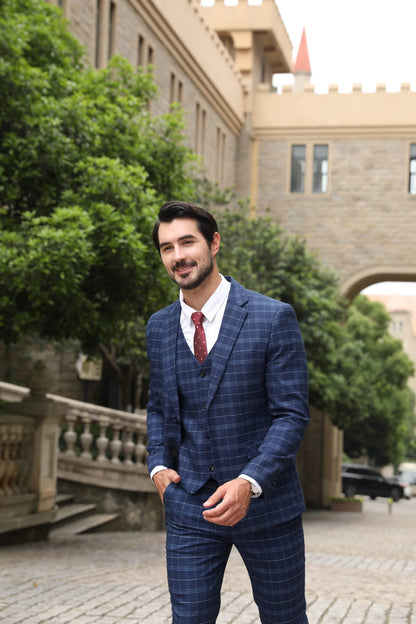 Allthemen Mens Suits 3 Piece Slim Fit Checked Suit Single Breasted Herringbone Vintage Tuxedo Formal Business Blazer Waistcoat Trouser