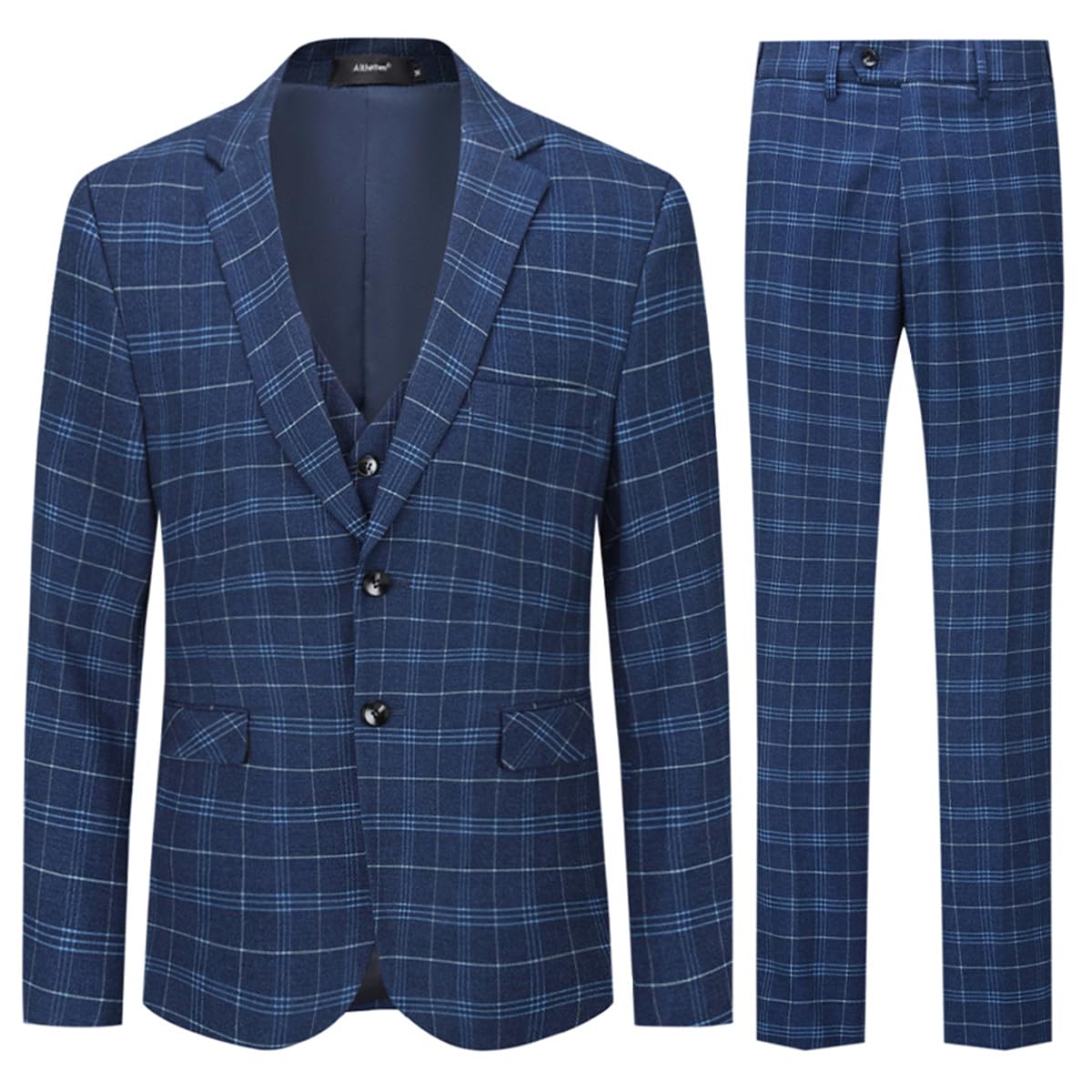 Allthemen Mens Suits 3 Piece Slim Fit Checked Suit Single Breasted Herringbone Vintage Tuxedo Formal Business Blazer Waistcoat Trouser