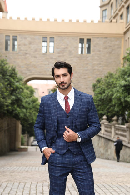 Allthemen Mens Suits 3 Piece Slim Fit Checked Suit Single Breasted Herringbone Vintage Tuxedo Formal Business Blazer Waistcoat Trouser
