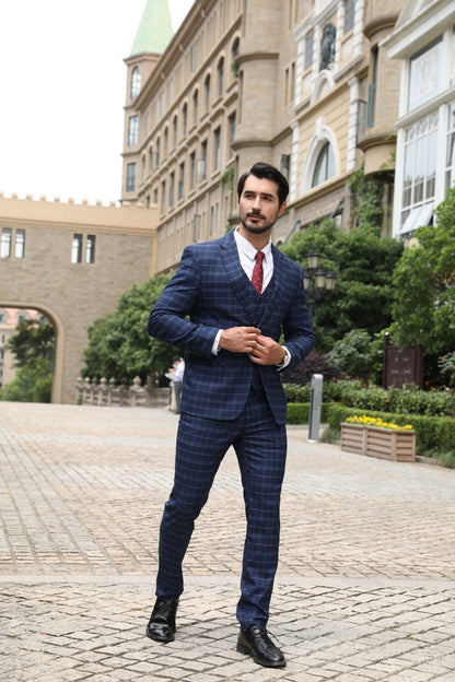Allthemen Mens Suits 3 Piece Slim Fit Checked Suit Single Breasted Herringbone Vintage Tuxedo Formal Business Blazer Waistcoat Trouser